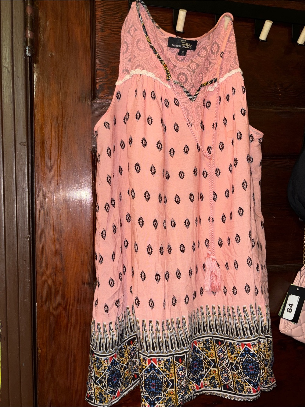 Suzanne Betro Pink Boho Lace-Trim Mini Dress